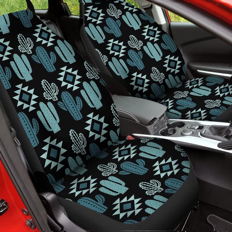 Howilath Women Men Car Front Seat Covers Set of 2, Aztec Southwest Cactus Print High Back Stretchy Bucket Seats for Most Cars, SUV - Image 4